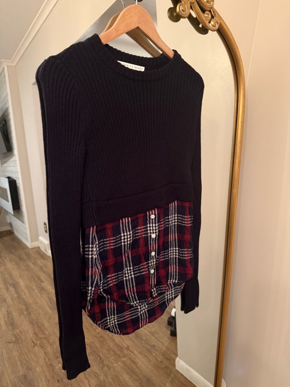 Veronica Beard Navy Sweater with Red, Navy & White Plaid Hem
